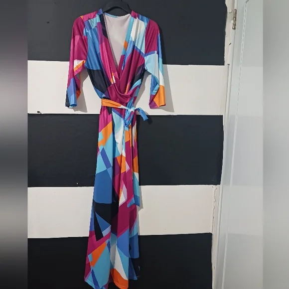 Women Multicolor block tie belted maxi dress - Picture 3 of 13
